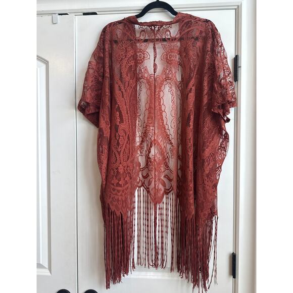emerette Dusty Rose Pink Lace Open Front Kimono Cardigan with Long Fringe - Picture 7 of 7